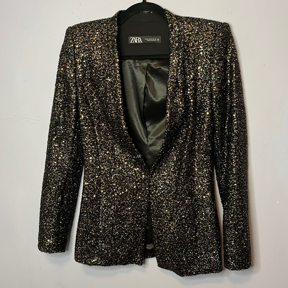 Zara Black and Gold Sequined Sparkly Blazer Jacket